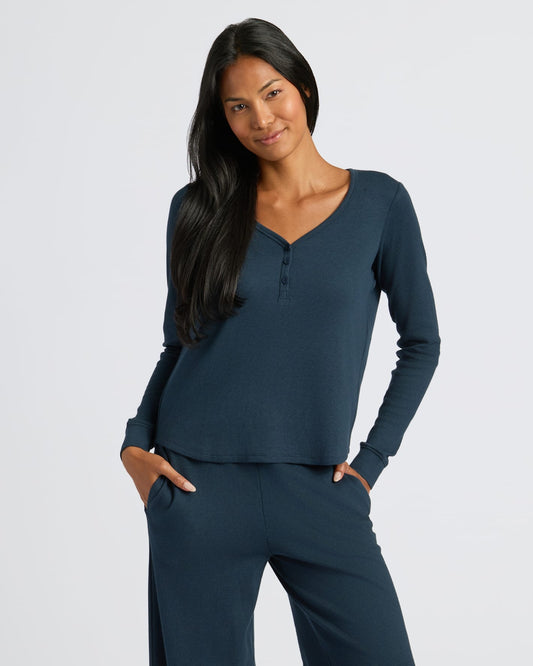 Womens Navy Waffle Long Sleeve Boxy Henley