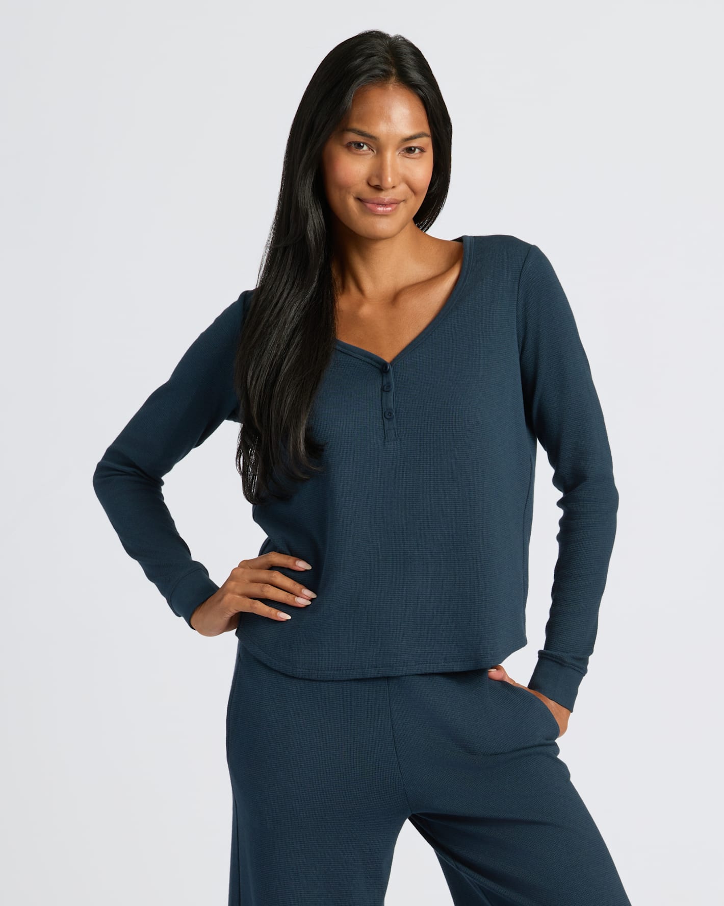 Womens Navy Waffle Long Sleeve Boxy Henley