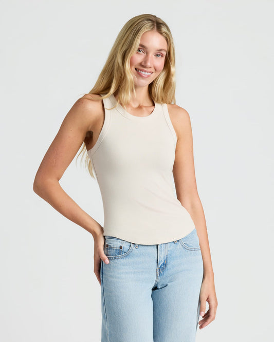 Womens Oatmeal Ribbed High Neck Tank