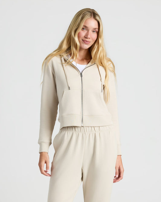 Womens Oatmeal Crop Zip Hoodie