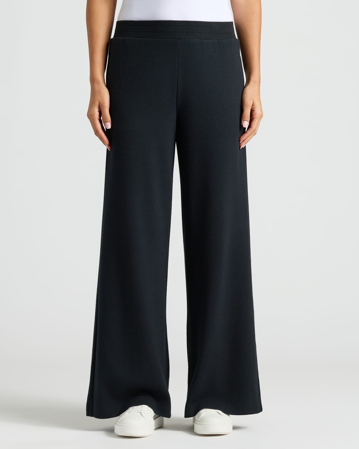 Womens Black Waffle Wide Leg Pants