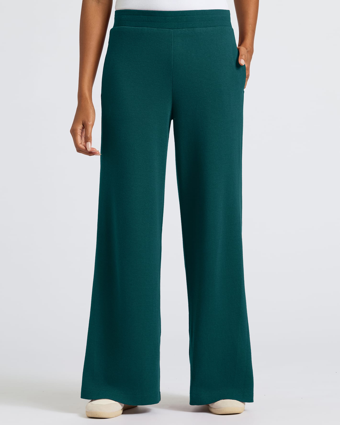 Womens Deep Emerald Waffle Wide Leg Pants