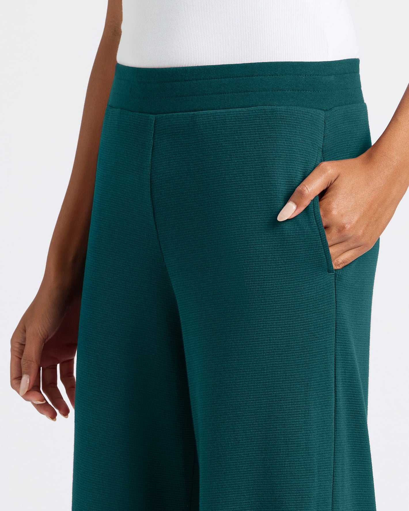 Womens Deep Emerald Waffle Wide Leg Pants