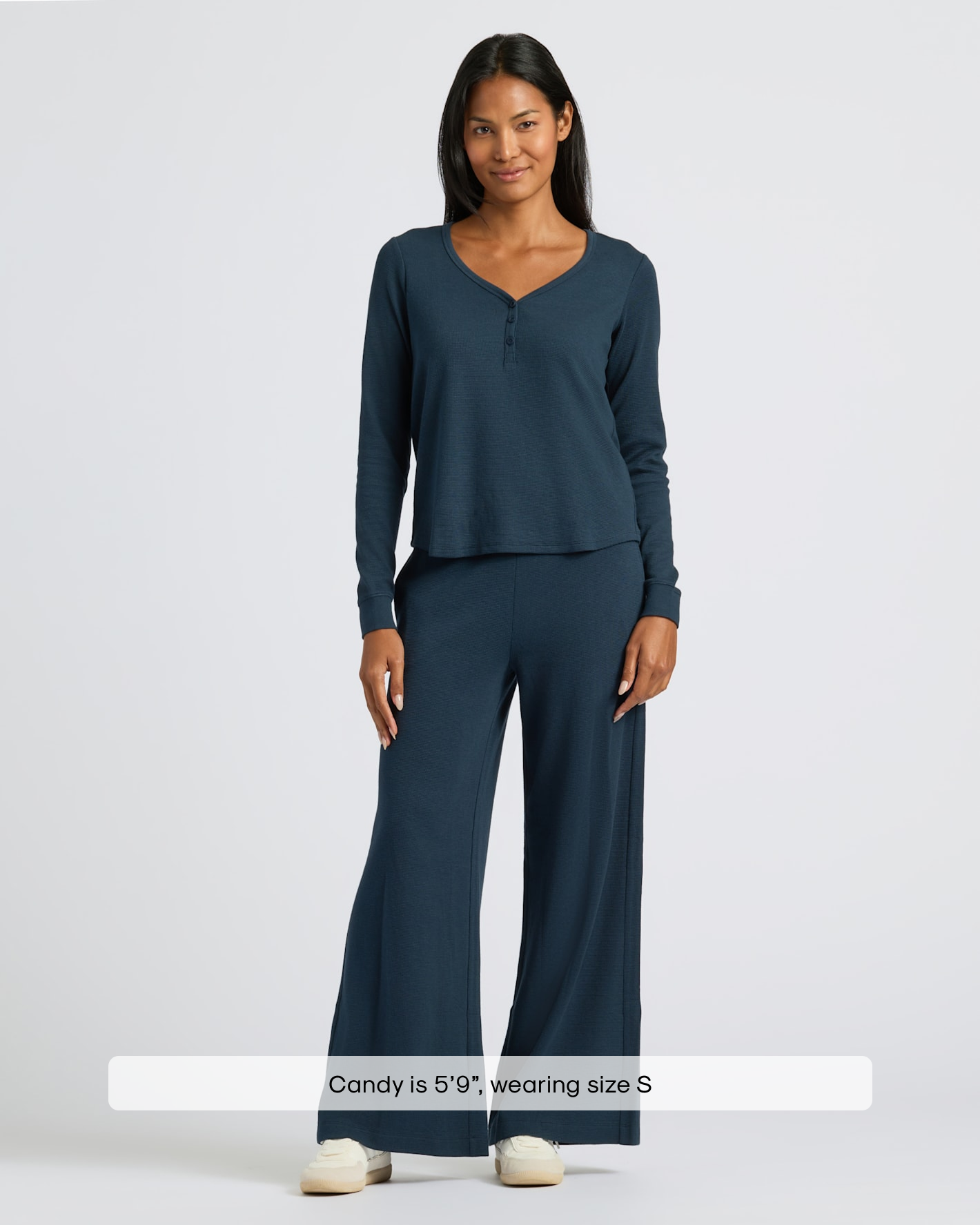 Womens Navy Waffle Long Sleeve Boxy Henley