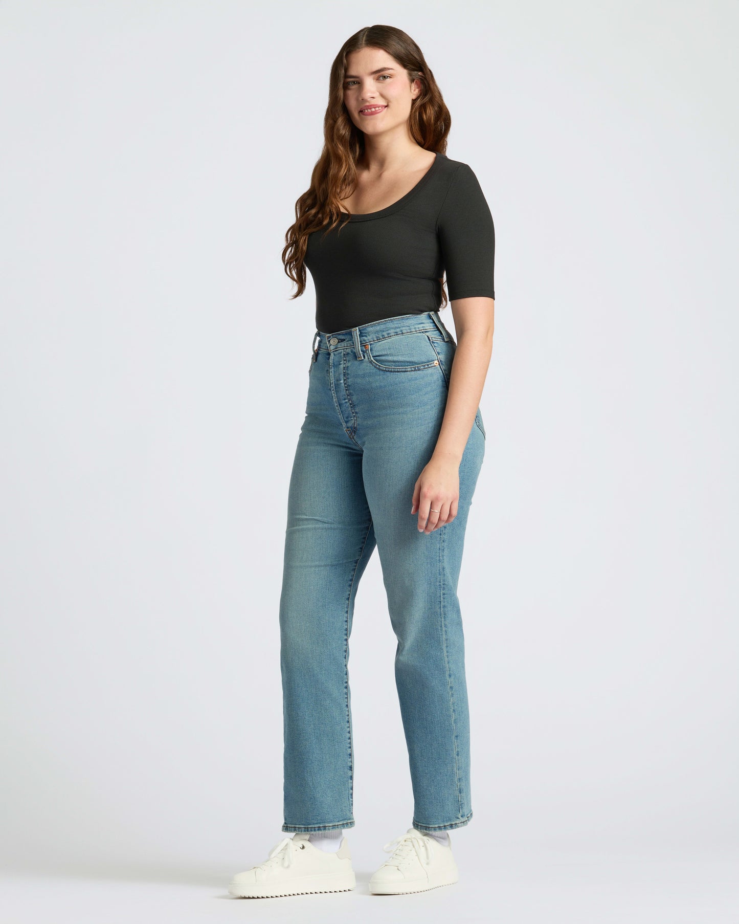 Womens Black Ribbed 3/4 Sleeve Scoop Neck Tee