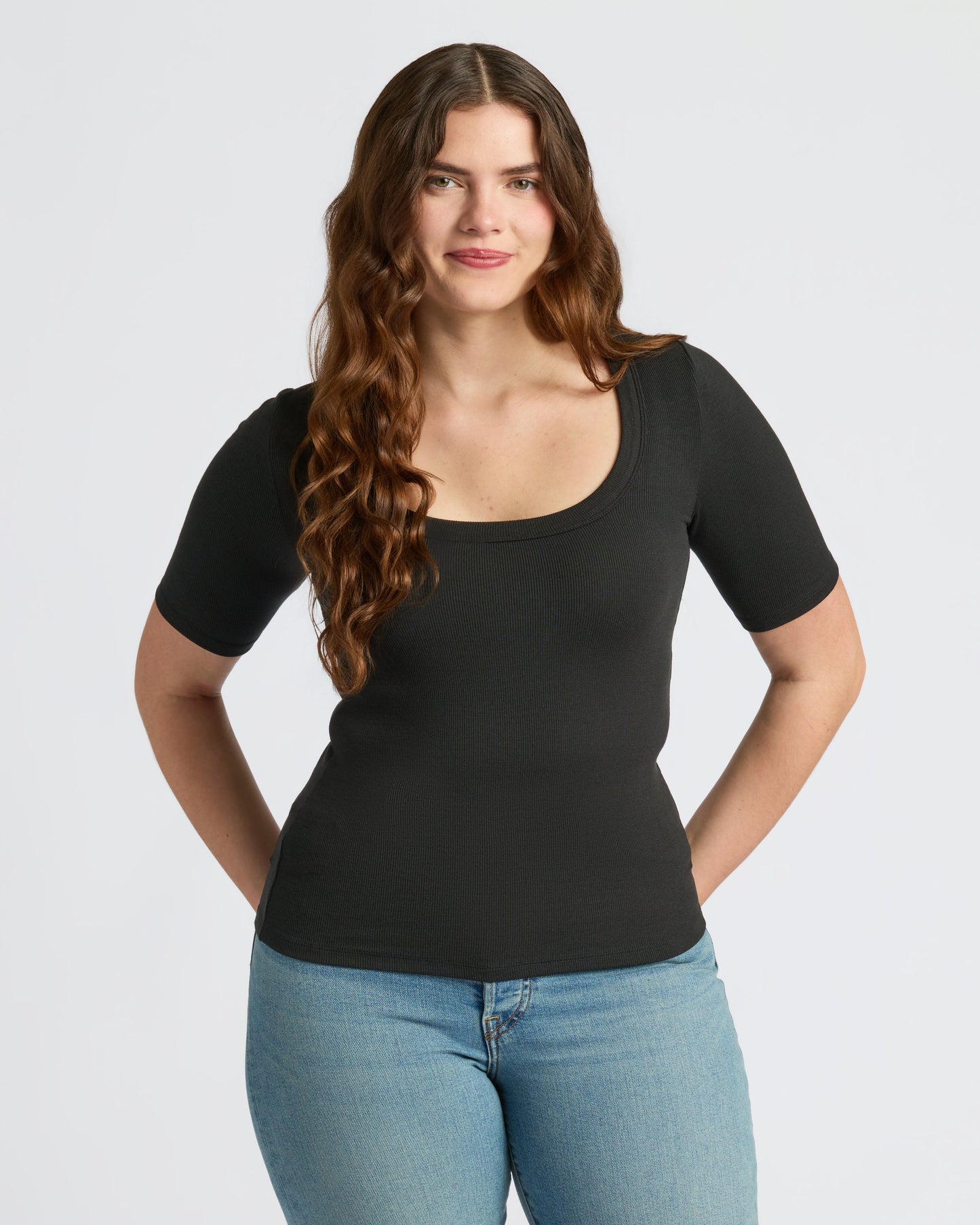 Womens Black Ribbed 3/4 Sleeve Scoop Neck Tee