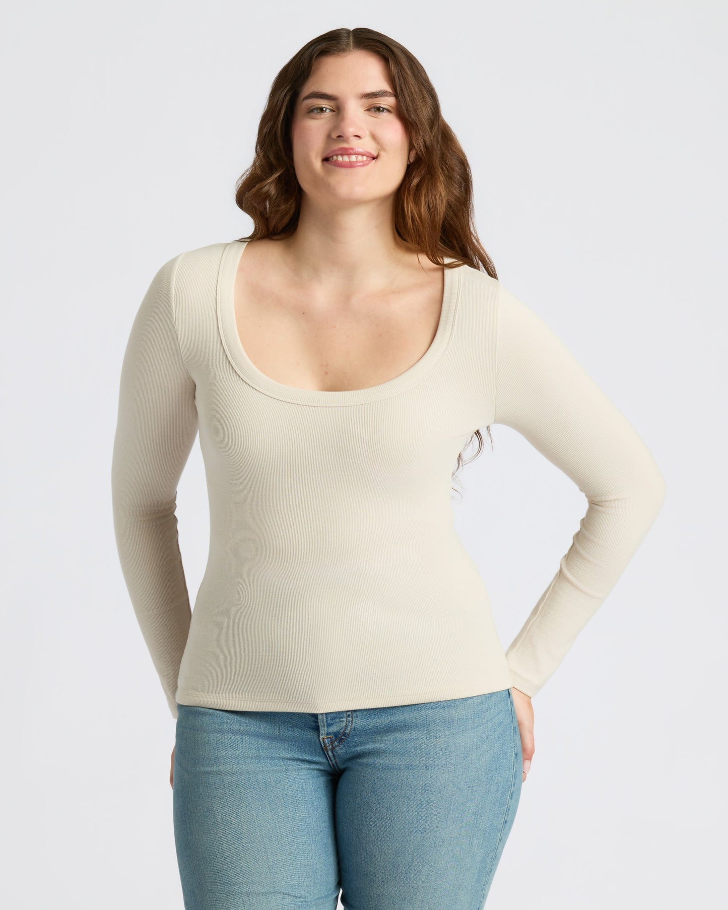 Womens Oatmeal Ribbed Long Sleeve Scoop Neck Tee