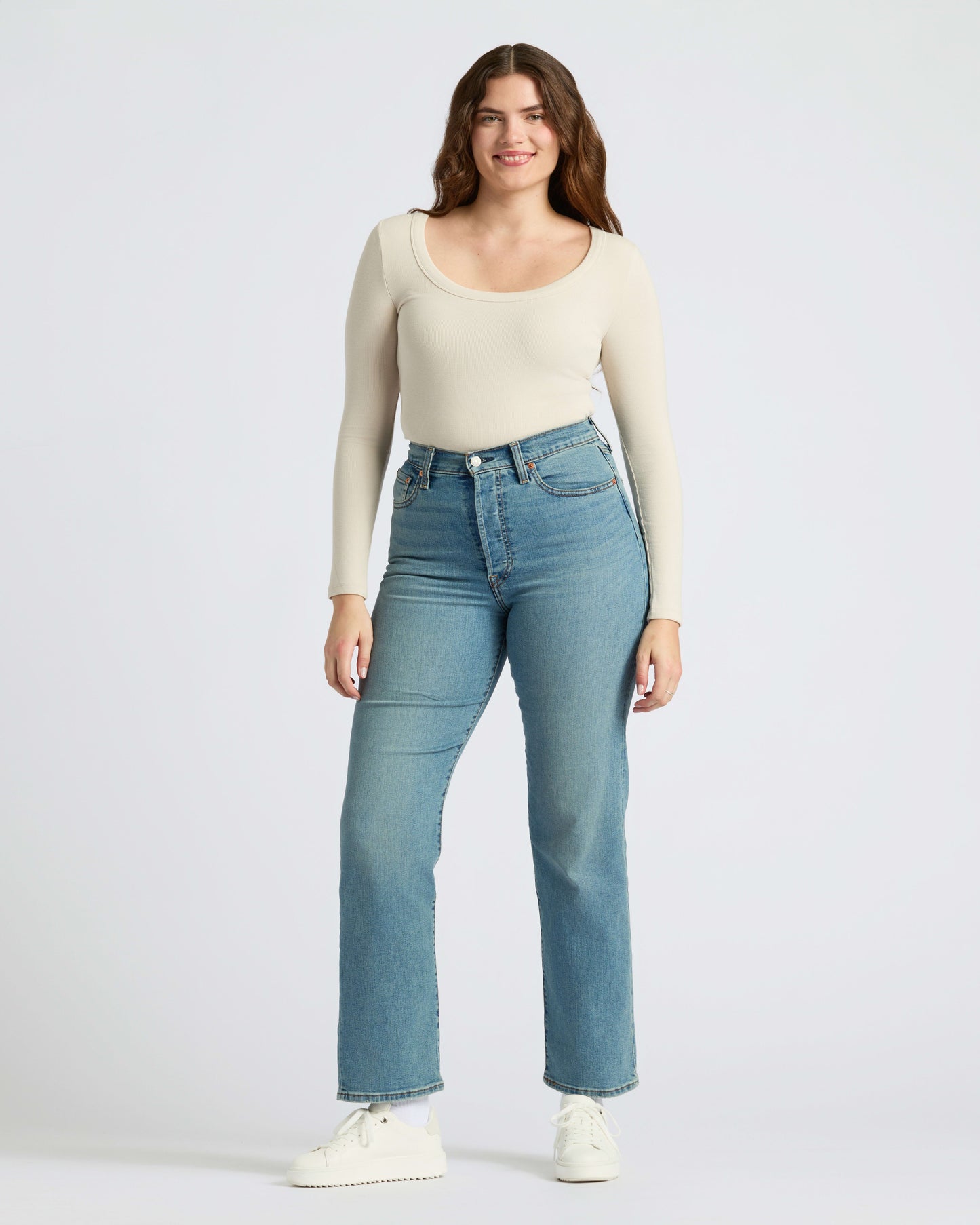 Womens Oatmeal Ribbed Long Sleeve Scoop Neck Tee