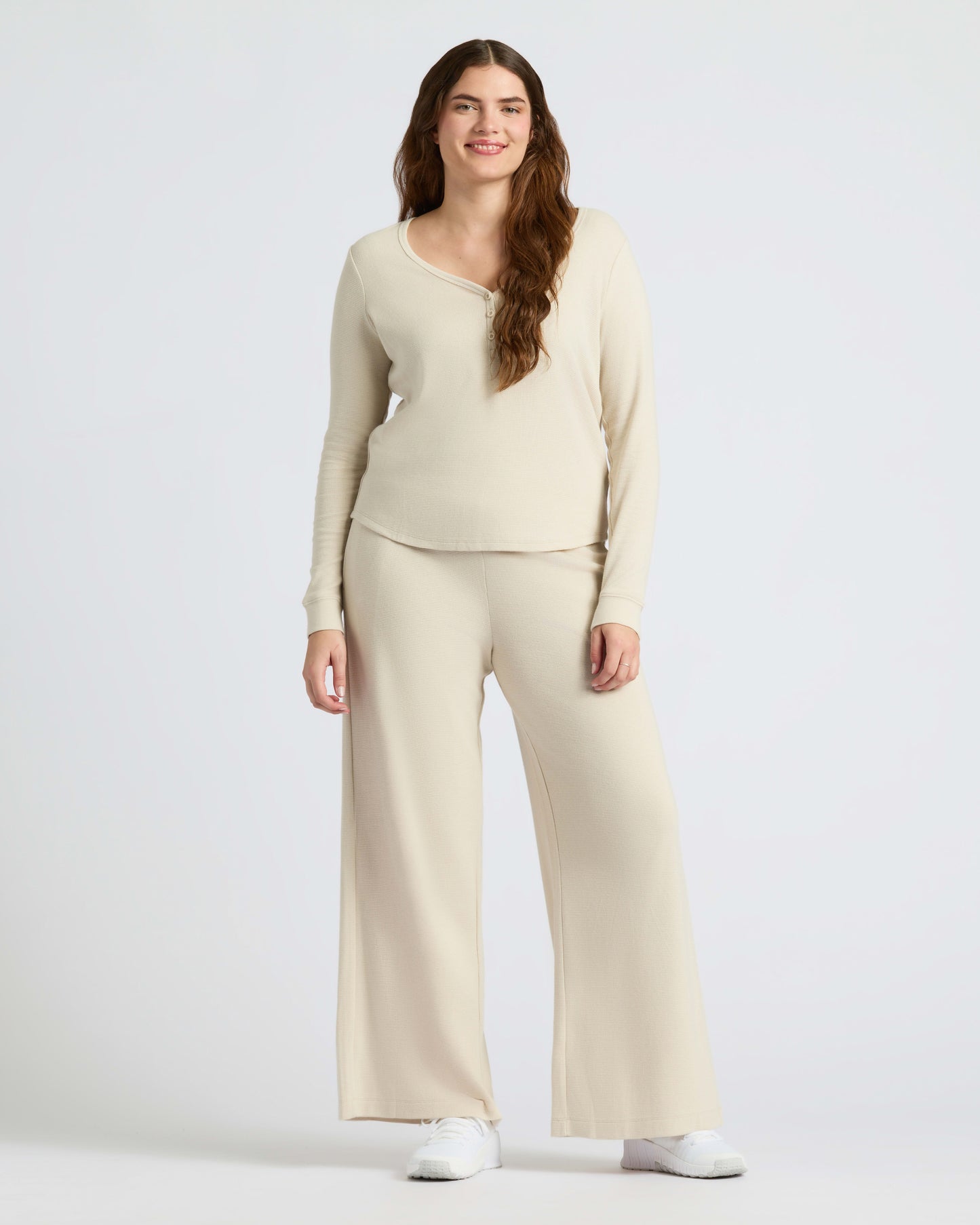 Womens Oatmeal Waffle Long Sleeve Boxy Henley