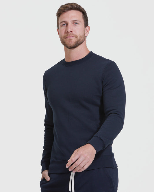 Navy Fleece French Terry Pullover Crew Neck Sweatshirt